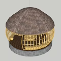 Traditional Circular Thatched Hut With Yellow Lattice Structure And Gray Stone Base 3d model
