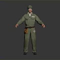 A Man in Green Work Uniform Wearing Cap with Tool Belt Standing Against Gray Background