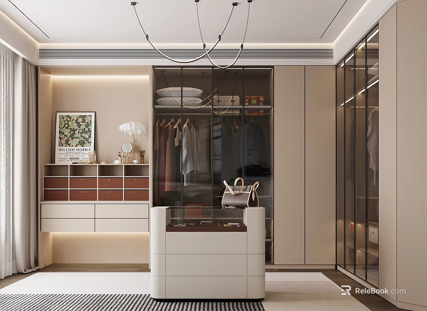 Modern Walk in Wardrobe Design With Glass Doors Storage Cabinets And Decorative Lighting 3d model 