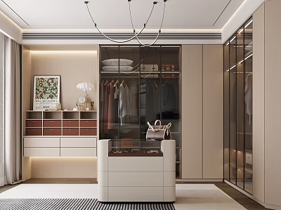 Modern Walk in Wardrobe Design With Glass Doors Storage Cabinets And Decorative Lighting 3d model