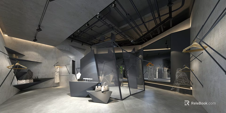 Modern Clothing Store Interior Design Featuring Glass Display Structure Apparel Racks And Counter 3d model 