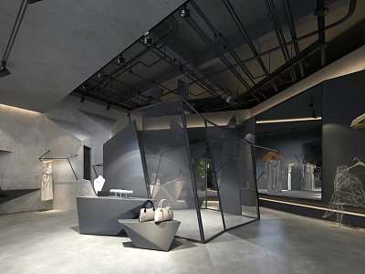 Modern Clothing Store Interior Design Featuring Glass Display Structure Apparel Racks And Counter 3d model
