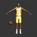 A Man Wearing Yellow Lakers Jersey Number 11 Standing With Arms Outstretched And Basketball