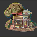Cute Cartoon Coffee Shop Scene With Lush Green Tree Playful Squirrel And Menu Board