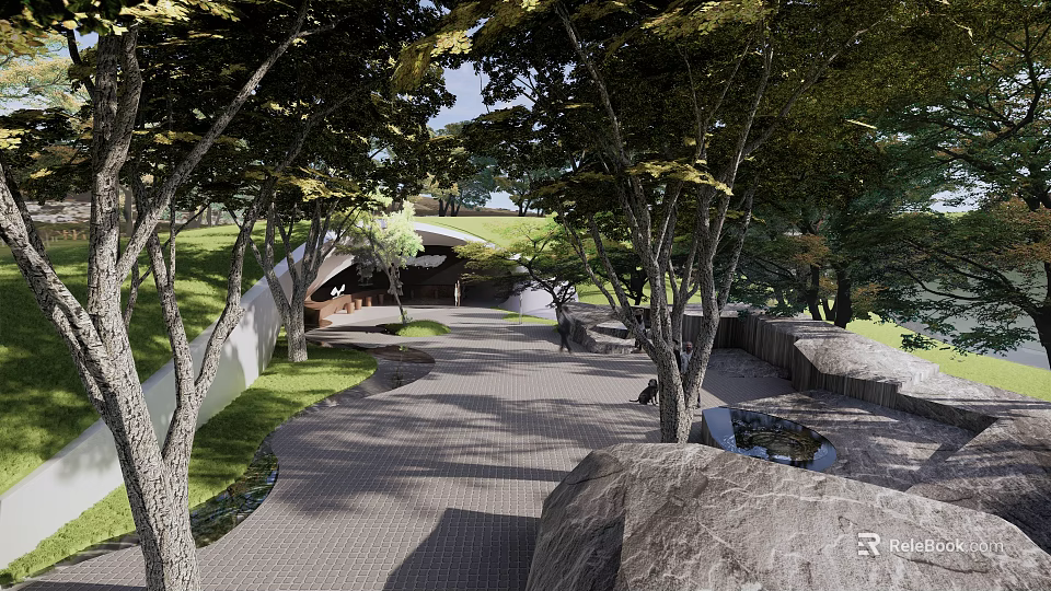 Garden Landscape Design Featuring Trees Paved Pathway Wooden Pavilion and Water Feature 3d model 