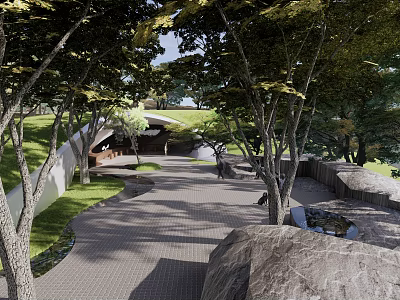 Garden Landscape Design Featuring Trees Paved Pathway Wooden Pavilion and Water Feature 3d model