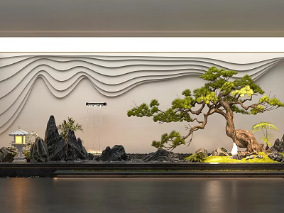 Traditional Chinese Indoor Landscape With Rockery Pine Tree Lantern And Wavy Wall 3d model