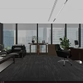 Modern Office Interior Design With Large Windows Wooden Cabinets Black Leather Sofas And Green Plants