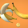 Fresh Banana Fruits on Orange Background with Whole Peeled and Sliced Pieces
