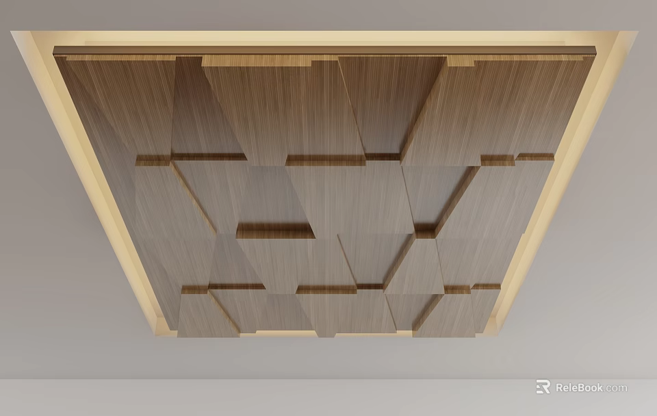Modern Wooden Ceiling Design With Intricate Geometric Patterns And Golden Frame 3d model 