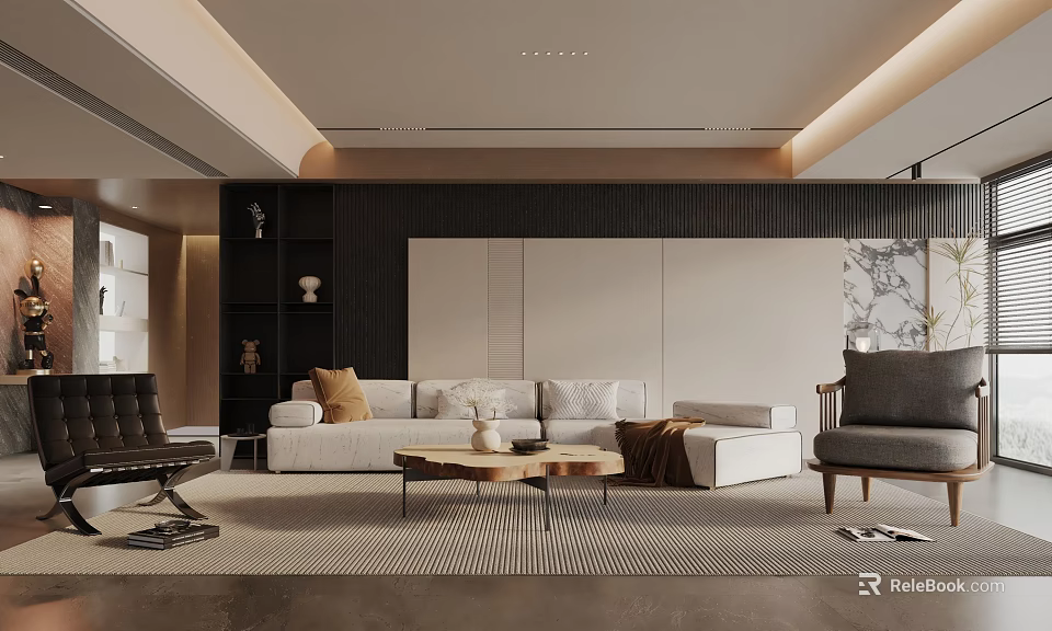 Modern Living Room Interior Design With White Sofa Wooden Coffee Table And Area Rug 3d model 