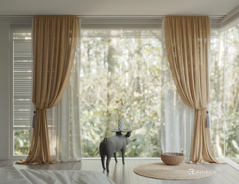 Gold Sheer Curtains In Bedroom With Natural Forest View And Wooden Blinds 3d model 
