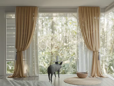 Gold Sheer Curtains In Bedroom With Natural Forest View And Wooden Blinds 3d model