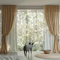 Gold Sheer Curtains In Bedroom With Natural Forest View And Wooden Blinds