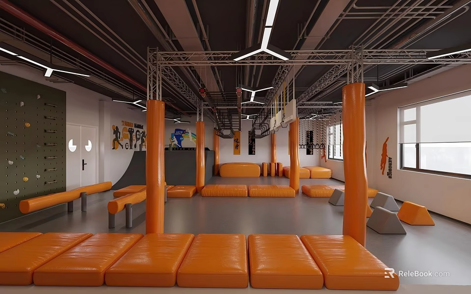 Modern Industrial Style Indoor Obstacle Training Gym With Bright Orange Protective Mats And Complete Facilities 3d model 