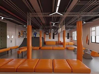 Modern Industrial Style Indoor Obstacle Training Gym With Bright Orange Protective Mats And Complete Facilities 3d model