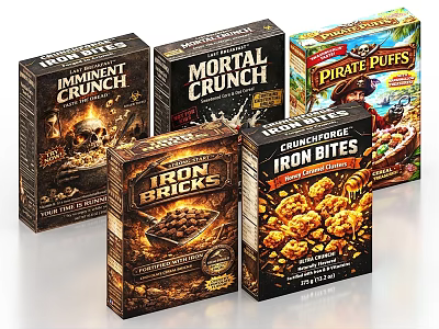 Assorted Cereal Snack Boxes Featuring Imminent Crunch Mortal Crunch And Pirate Puffs 3d model
