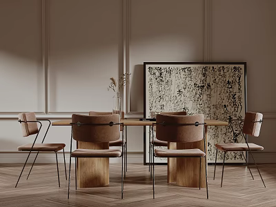 Modern Dining Table Set With Light Brown Chairs Metal Legs And Decorative Painting 3d model