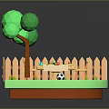 Modern Garden Outdoor Scene With Wooden Fence Green Tree Table Chairs Soccer Ball On Grass