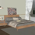 Minimalist Modern Double Bed Interior With Bedside Table Wall Painting Curtains Window And Rug