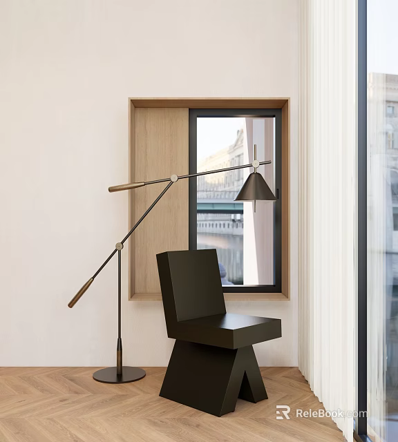 Minimalist Study Room Interior Design With Black Chair Metal Floor Lamp And Wooden Window Frame 3d model 