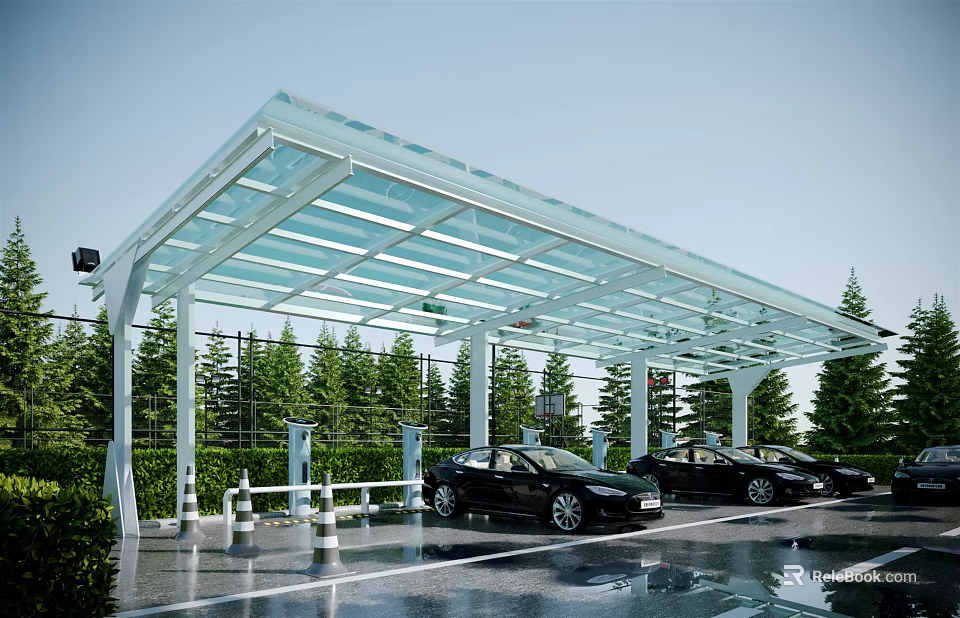 Modern Electric Vehicle Charging Station With Transparent Roof And Green Trees 3d model 