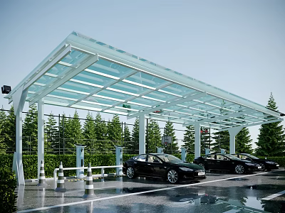 Modern Electric Vehicle Charging Station With Transparent Roof And Green Trees 3d model