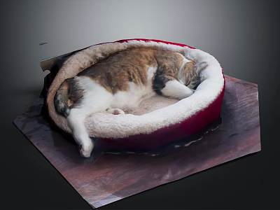 Cozy Sleeping Cat Resting In Red Pet Bed On Wooden Surface 3d model