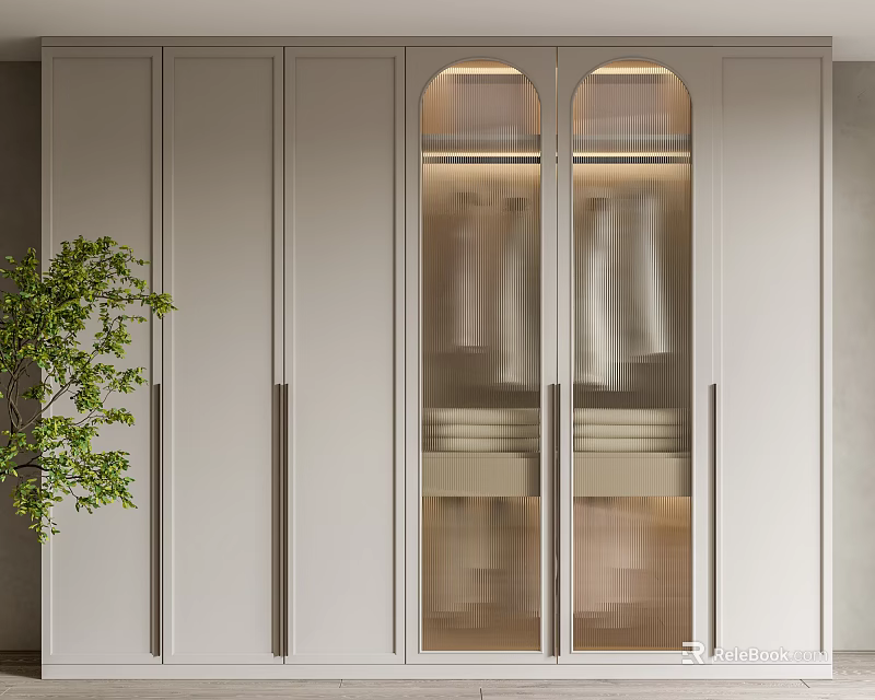 Modern Light Gray Wardrobe with Glass Doors Built in Lighting and Indoor Plant 3d model 