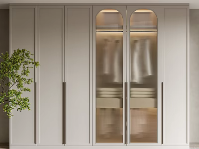Modern Light Gray Wardrobe with Glass Doors Built in Lighting and Indoor Plant 3d model
