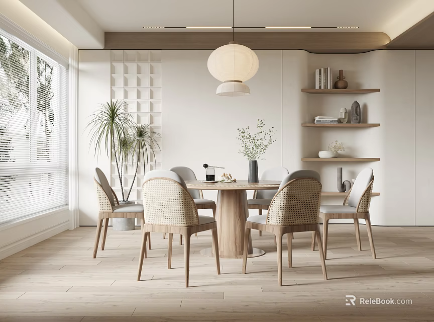 Modern Restaurant Interior With Wooden Dining Table Woven Chairs And Round Pendant Light 3d model 