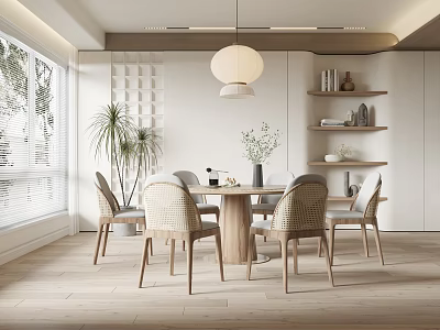Modern Restaurant Interior With Wooden Dining Table Woven Chairs And Round Pendant Light 3d model