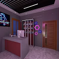 Modern Store Front Desk Interior With Blue Display Shelves Geometric Decor And Lighting