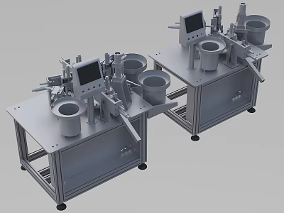 Stainless Steel Industrial Equipment Featuring LCD Screens And Cylindrical Hoppers On Metal Workbenches 3d model