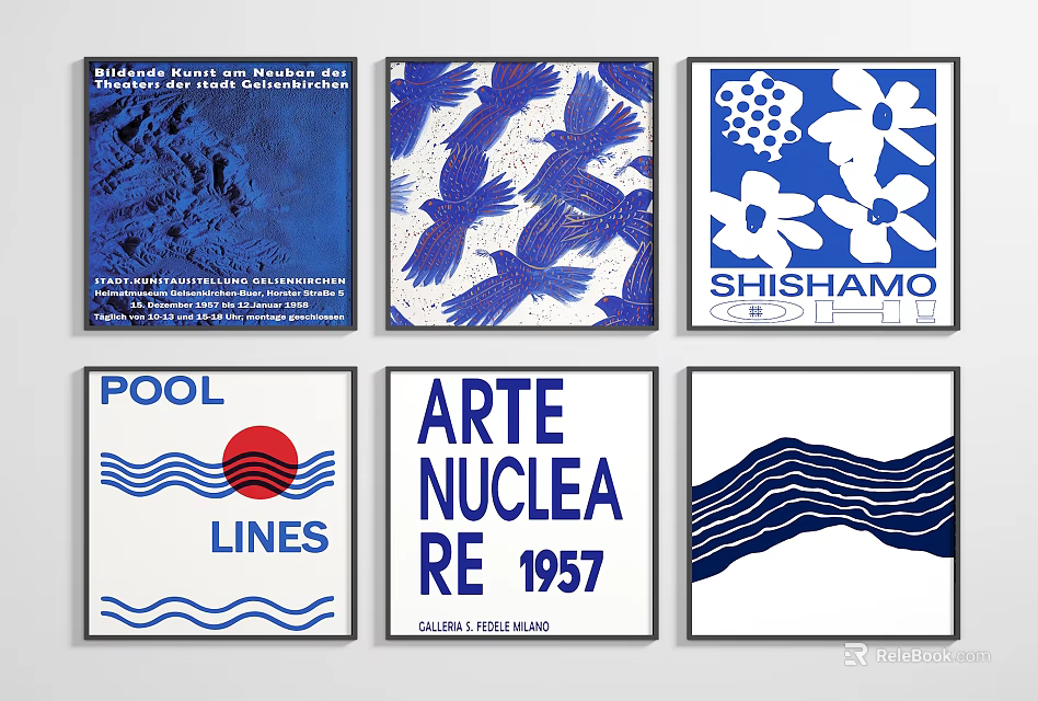 Modern Decorative Art Posters With Blue White Design And Red Elements For Wall 3d model