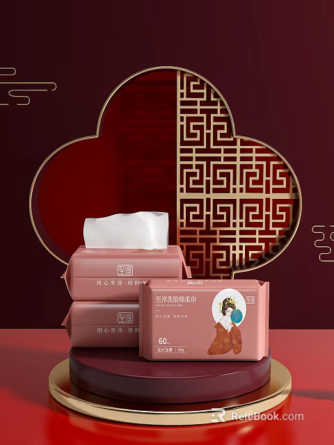 Display Shelves with Pink Packaged Wet Wipes on Red Background and Golden Traditional Patterns 3d model 