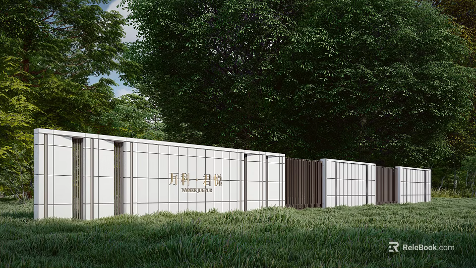 White Grid Design Landscape Wall With Green Trees And Lush Grass 3d model 