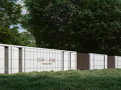 White Grid Design Landscape Wall With Green Trees And Lush Grass 3d model