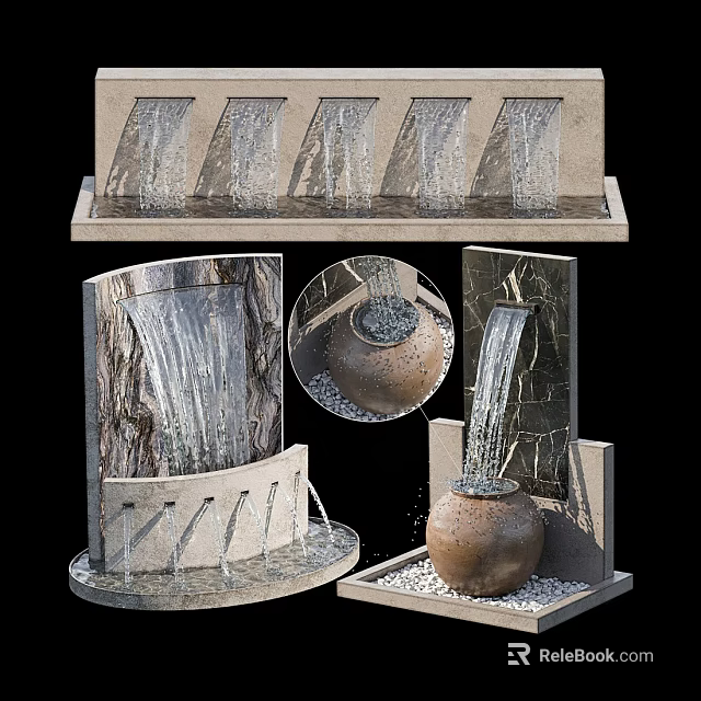 Ornamental Garden Decor With Flowing Waterfall Stone Structure And Ceramic Pot 3d model 