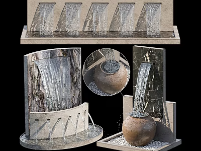 Ornamental Garden Decor With Flowing Waterfall Stone Structure And Ceramic Pot 3d model