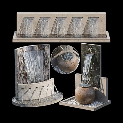 Ornamental Garden Decor With Flowing Waterfall Stone Structure And Ceramic Pot 3d model