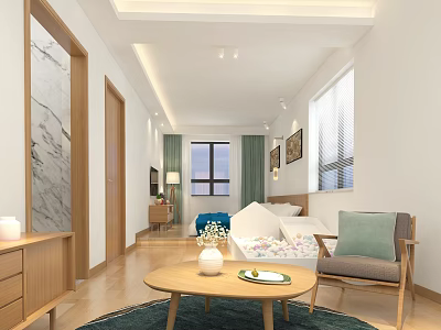 Modern Open Living Room With Sofa Coffee Table And Decorative Paintings 3d model