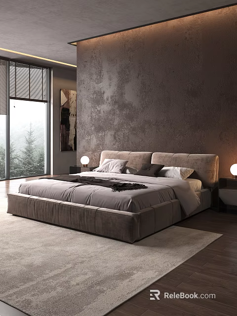 Modern Double Bed with Upholstered Headboard Nightstands Table Lamps Textured Wall and Large Window 3d model 