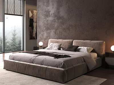 Modern Double Bed with Upholstered Headboard Nightstands Table Lamps Textured Wall and Large Window 3d model