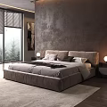 Modern Double Bed with Upholstered Headboard Nightstands Table Lamps Textured Wall and Large Window