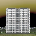 Modern High Rise Residential Building Surrounded by Greenery and Trees Illuminated with Evening Lights