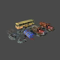 Abandoned Rusty Vehicle Scene Components With Old Yellow Bus Red Trucks Blue Trailer And Parts