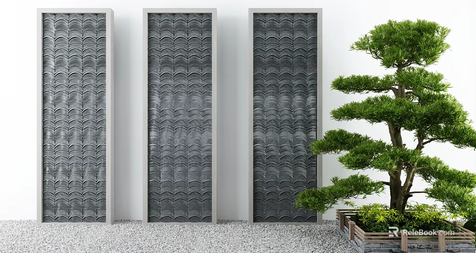 Tranquil Garden Featuring Vertical Gray Wavy Decorative Panels Bonsai Tree And Pebble Ground 3d model 