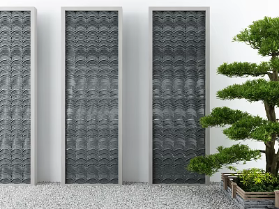 Tranquil Garden Featuring Vertical Gray Wavy Decorative Panels Bonsai Tree And Pebble Ground 3d model