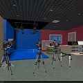 Professional Studio Setup With Blue Pink Walls Black Grid Ceiling Multiple Lights And Tripod Cameras 3d model